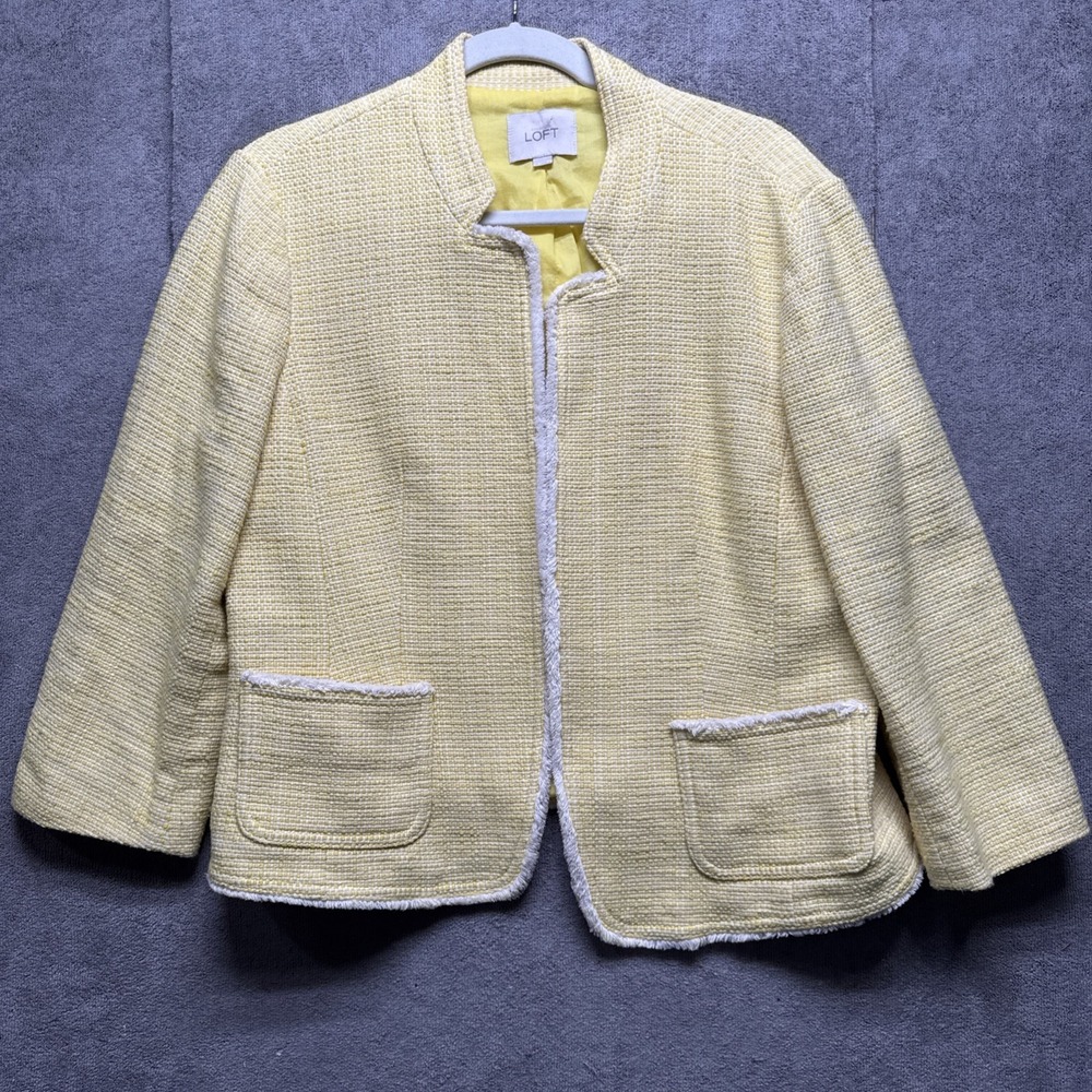 Loft Tweed Lady Jacket Womens XL Butter Yellow Blazer Open Front Office Jacket